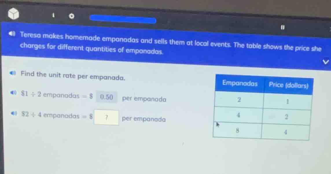 teresa makes homemade empanadas and sells them at local events. the tab…