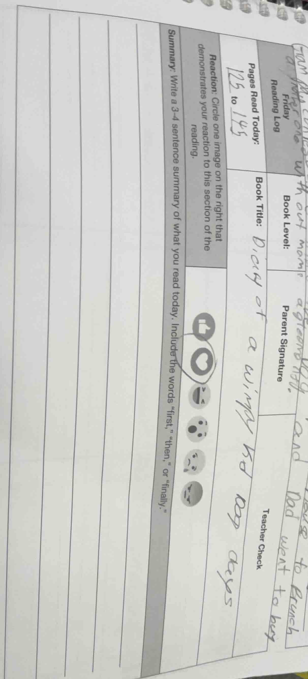 friday reading log pages read today: 125 to 145 reaction: circle one im…