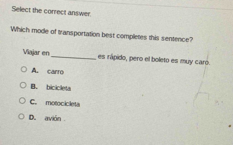 select the correct answer. which mode of transportation best completes …