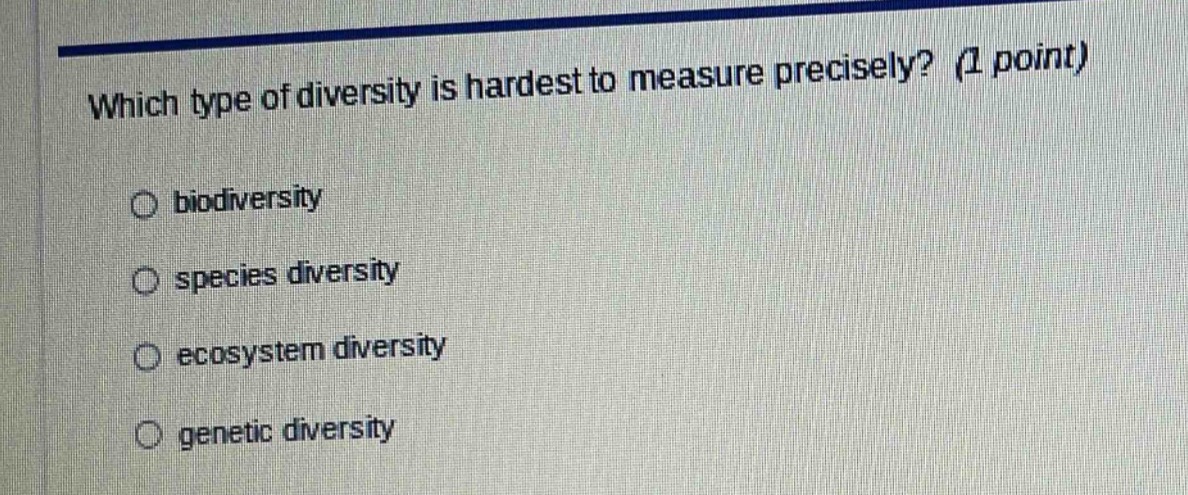 which type of diversity is hardest to measure precisely? (1 point) biod…