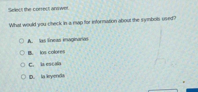 select the correct answer. what would you check in a map for informatio…