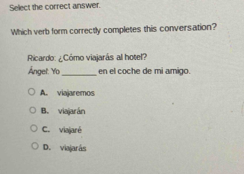 select the correct answer. which verb form correctly completes this con…