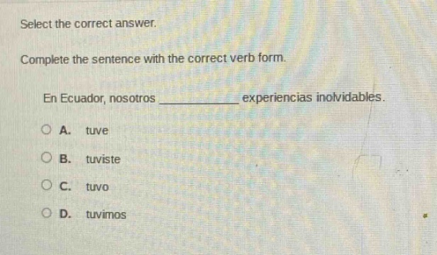 select the correct answer. complete the sentence with the correct verb …