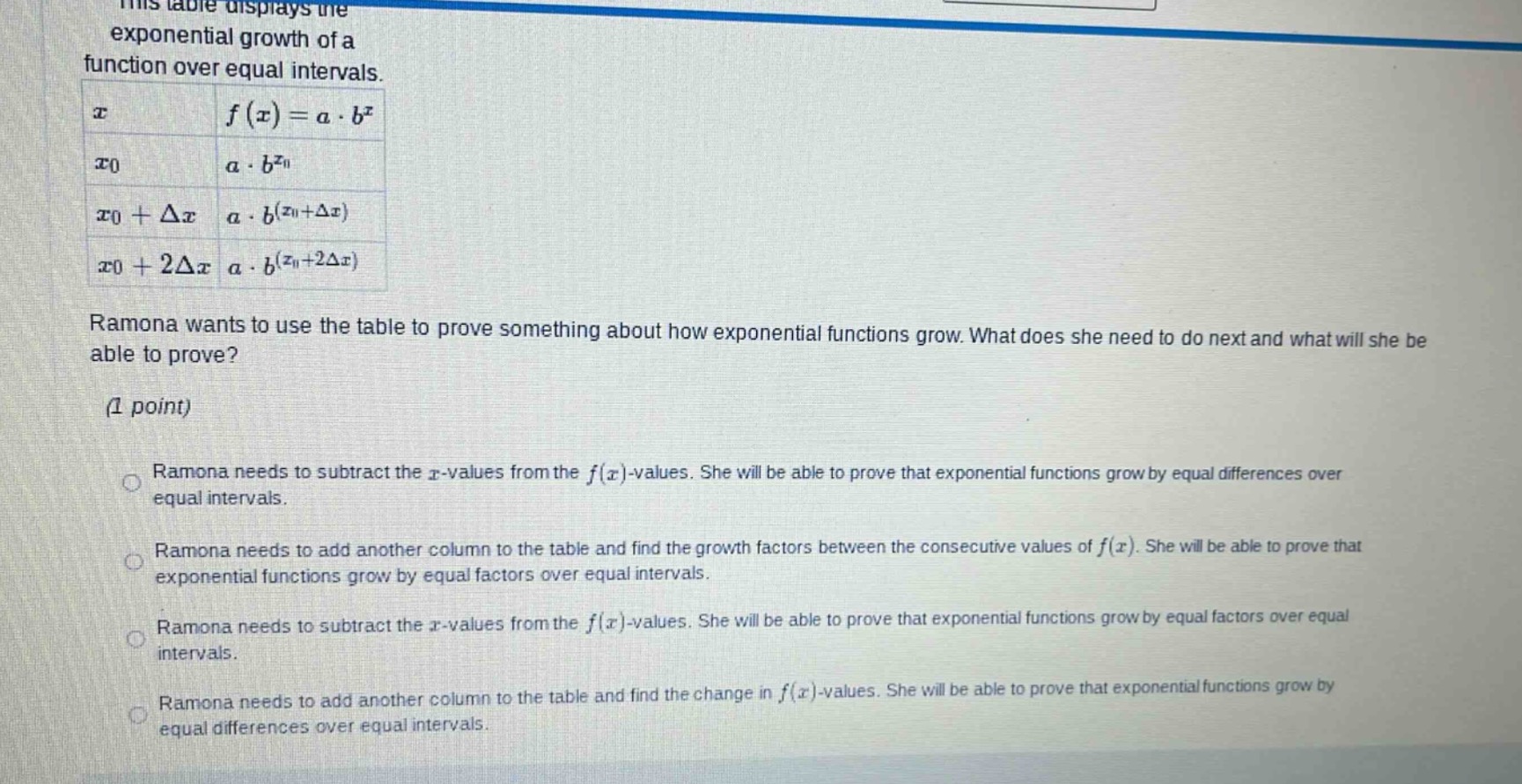 this table displays the exponential growth of a function over equal int…
