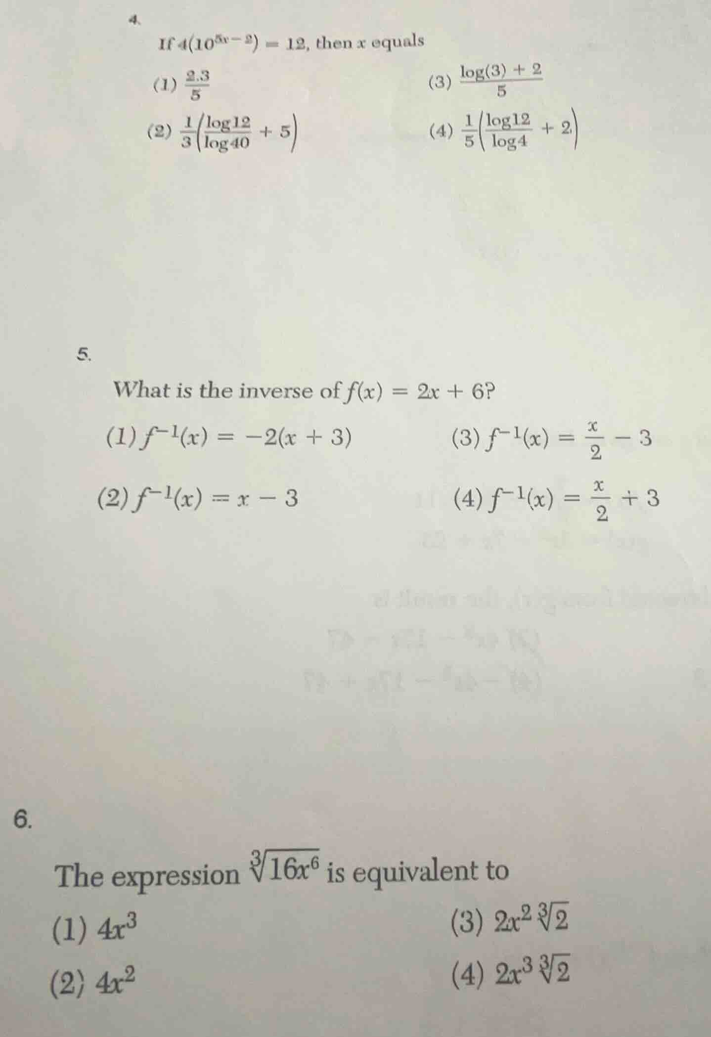 4. if $4(10^{5x - 2}) = 12$, then $x$ equals (1) $\\frac{2.3}{5}$ (3) $…