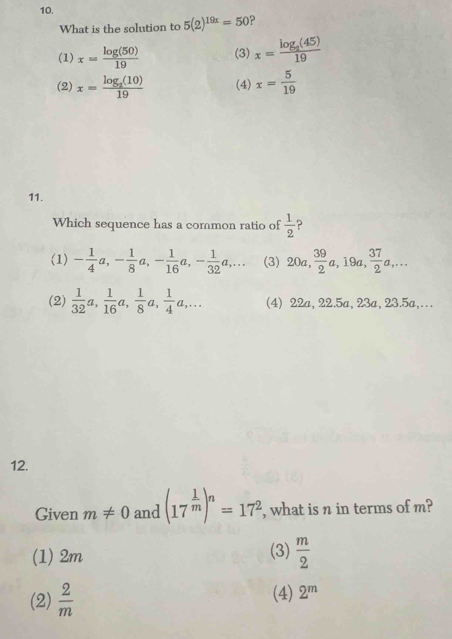10. what is the solution to $5(2)^{19x}=50$? (1) $x = \\frac{\\log(50)}…