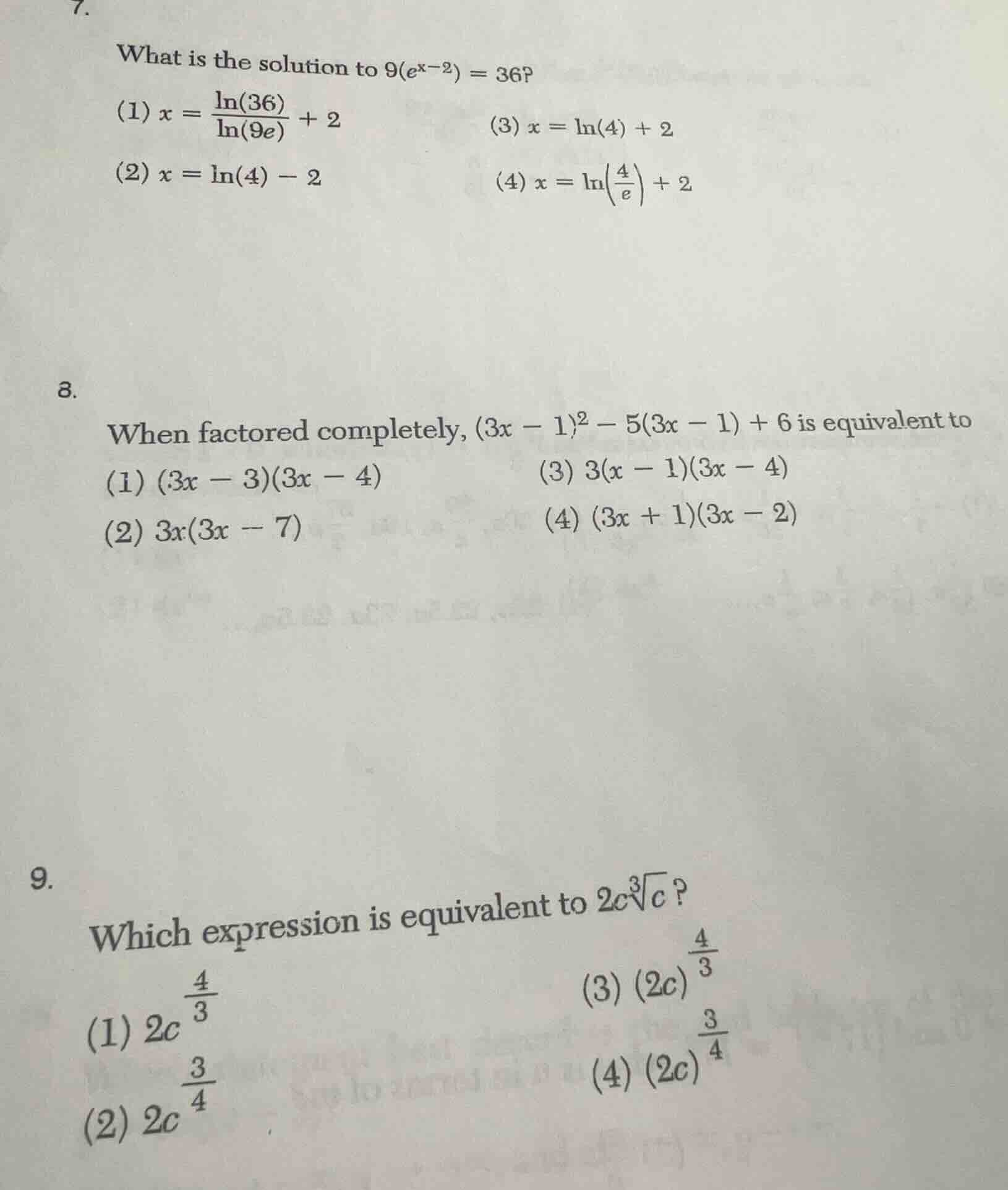 7. what is the solution to $9(e^{x - 2}) = 36$? (1) $x = \\frac{\\ln(36…