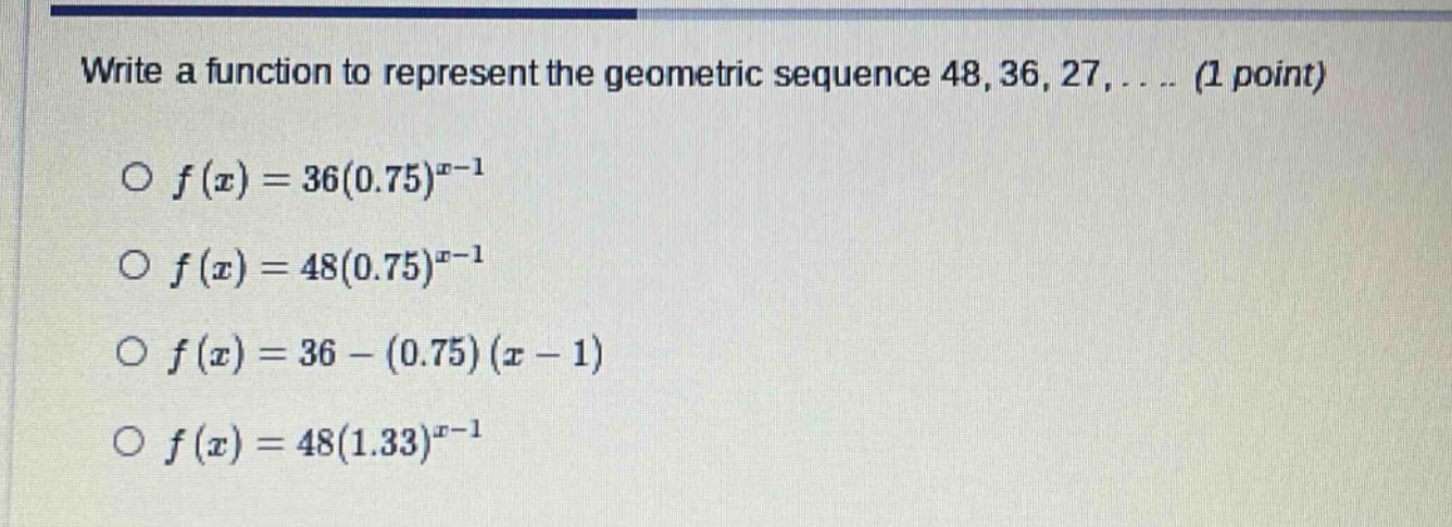 write a function to represent the geometric sequence 48, 36, 27, ... (1…