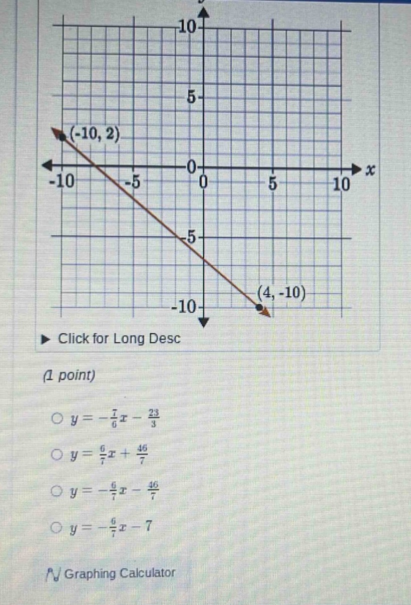 (1 point) \\(\\bigcirc\\) \\(y = -\\frac{7}{6}x - \\frac{23}{3}\\) \\(\…