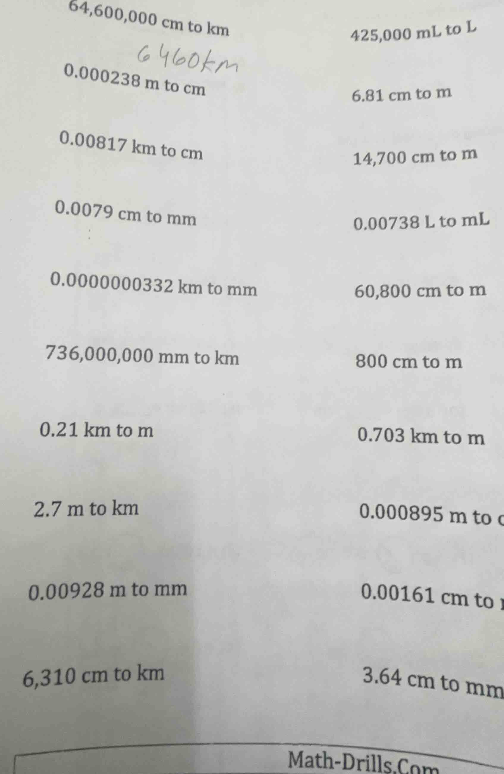 64,600,000 cm to km 425,000 ml to l 0.000238 m to cm 6.81 cm to m 0.008…