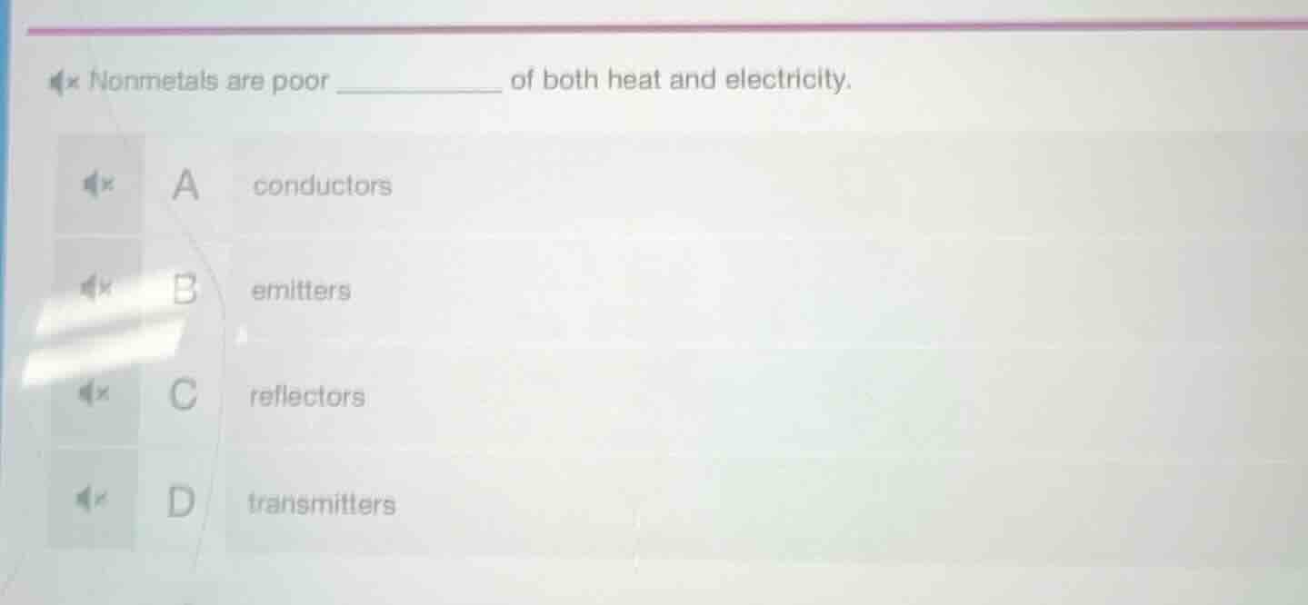 nonmetals are poor ________ of both heat and electricity. a conductors …