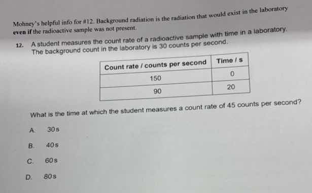 mohneys helpful info for #12. background radiation is the radiation tha…