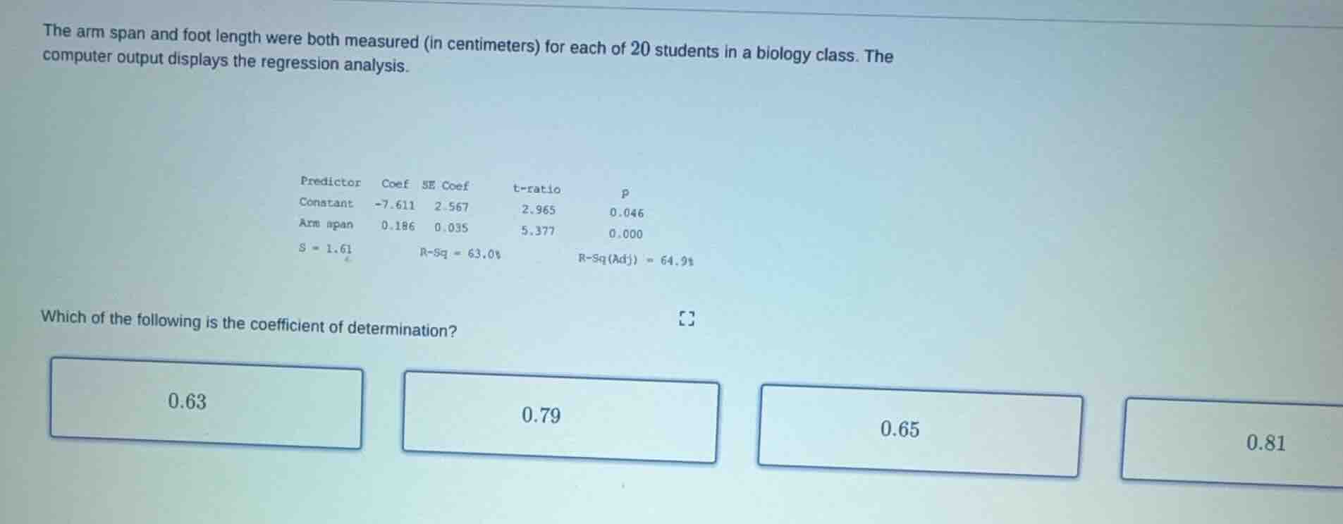 the arm span and foot length were both measured (in centimeters) for ea…