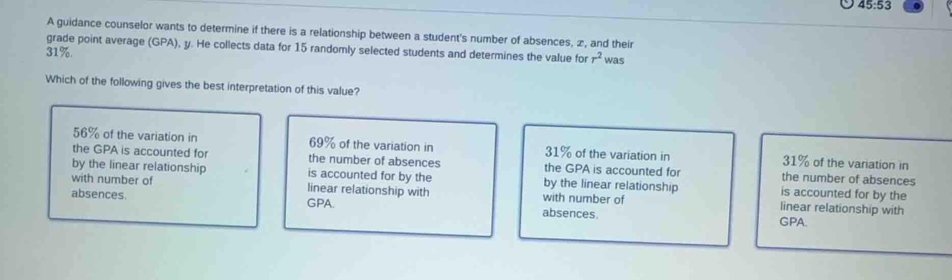 a guidance counselor wants to determine if there is a relationship betw…