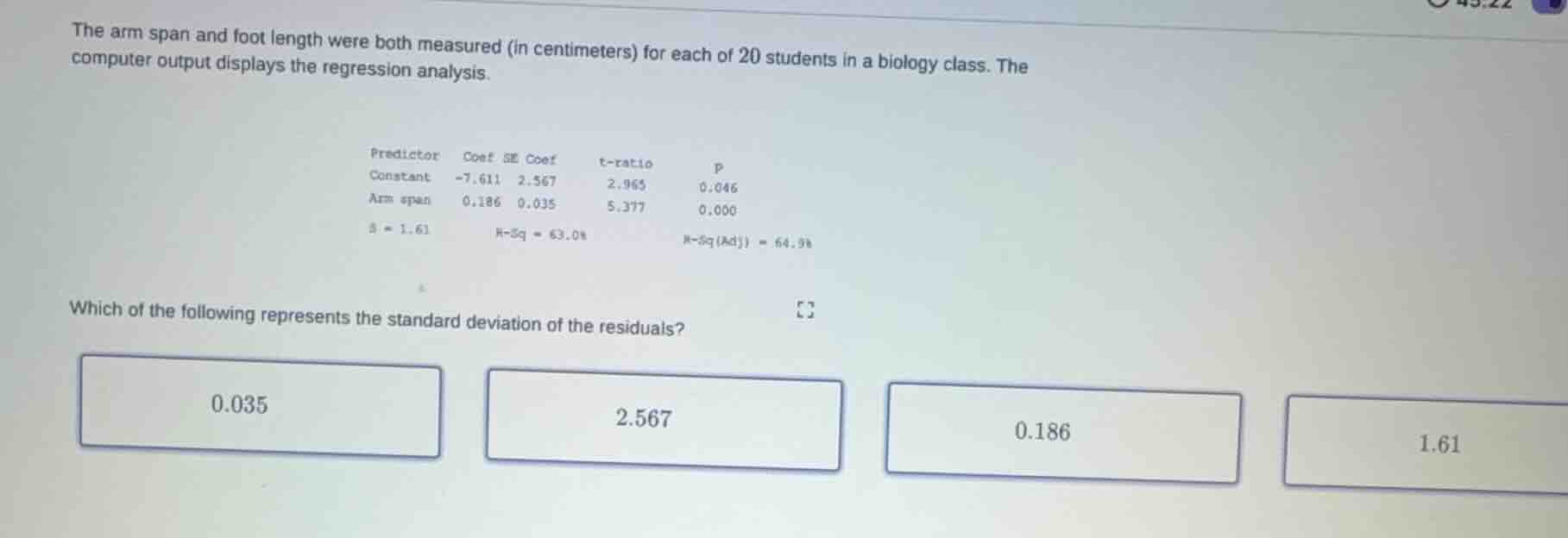 the arm span and foot length were both measured (in centimeters) for ea…