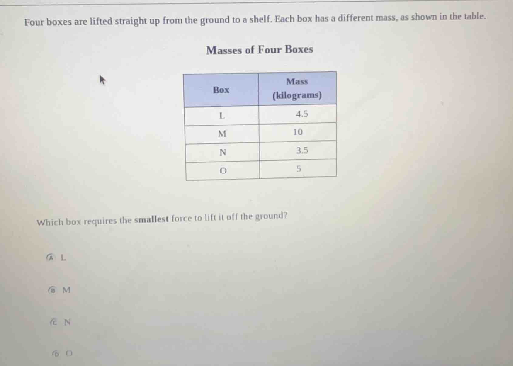 four boxes are lifted straight up from the ground to a shelf. each box …