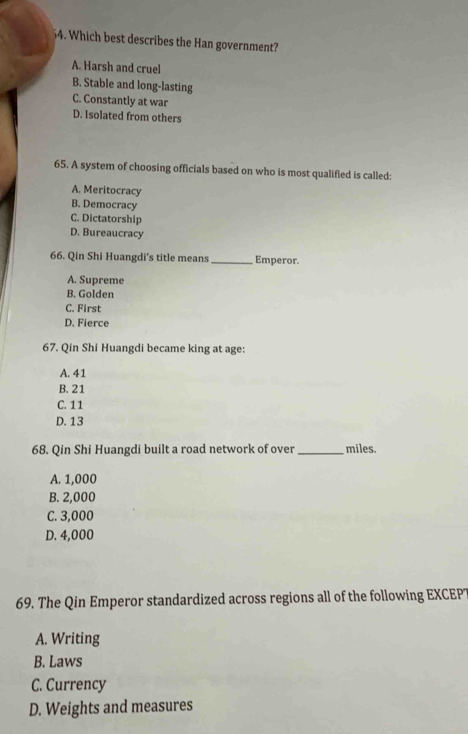 64. which best describes the han government? a. harsh and cruel b. stab…
