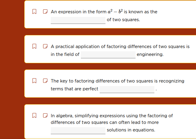 an expression in the form $a^2 - b^2$ is known as the \\underline{\\qqu…