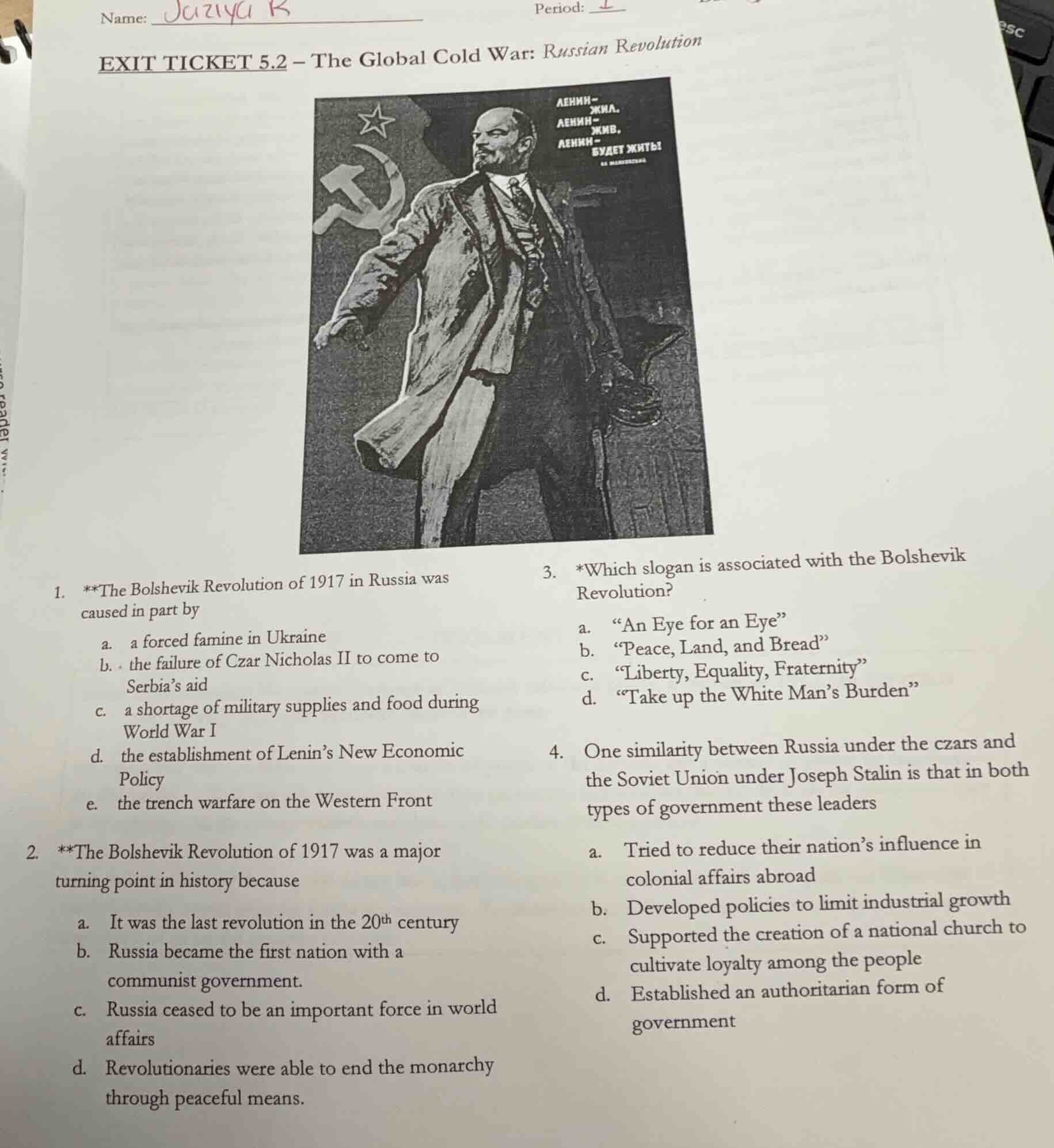 name: period: exit ticket 5.2 – the global cold war: russian revolution…