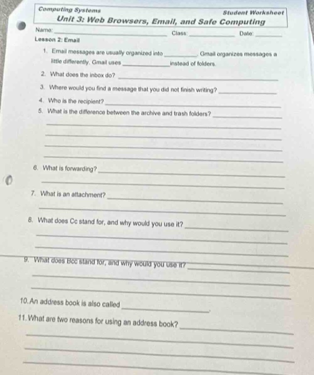 computing systems student worksheet unit 3: web browsers, email, and sa…