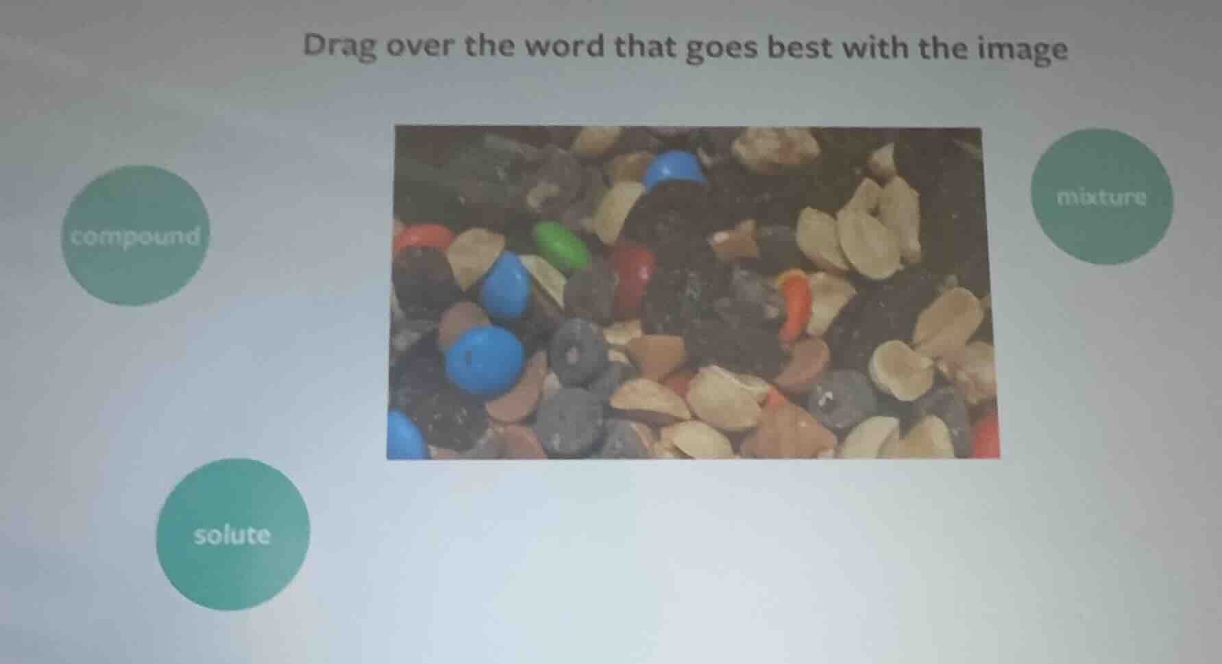 drag over the word that goes best with the image compound solute mixture