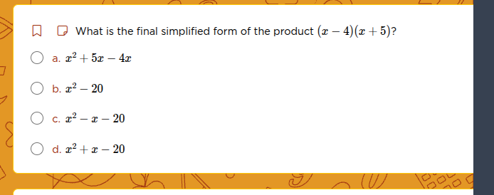 what is the final simplified form of the product ((x - 4)(x + 5))? a. (…