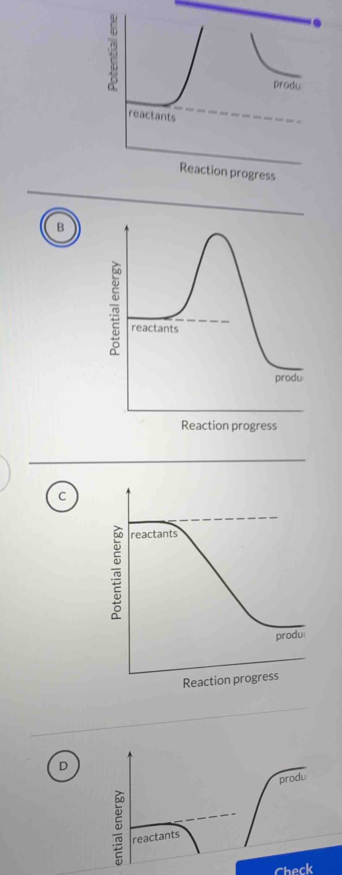 （此处省略图像相关内容，仅保留选项相关文字：选项b、c、d，以及反应进程与势能的图像相关描述，如reactants、produ、reactio…