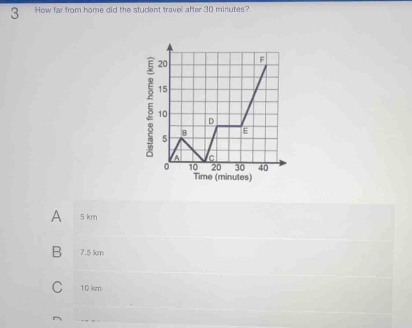 3 how far from home did the student travel after 30 minutes? a 5 km b 7…