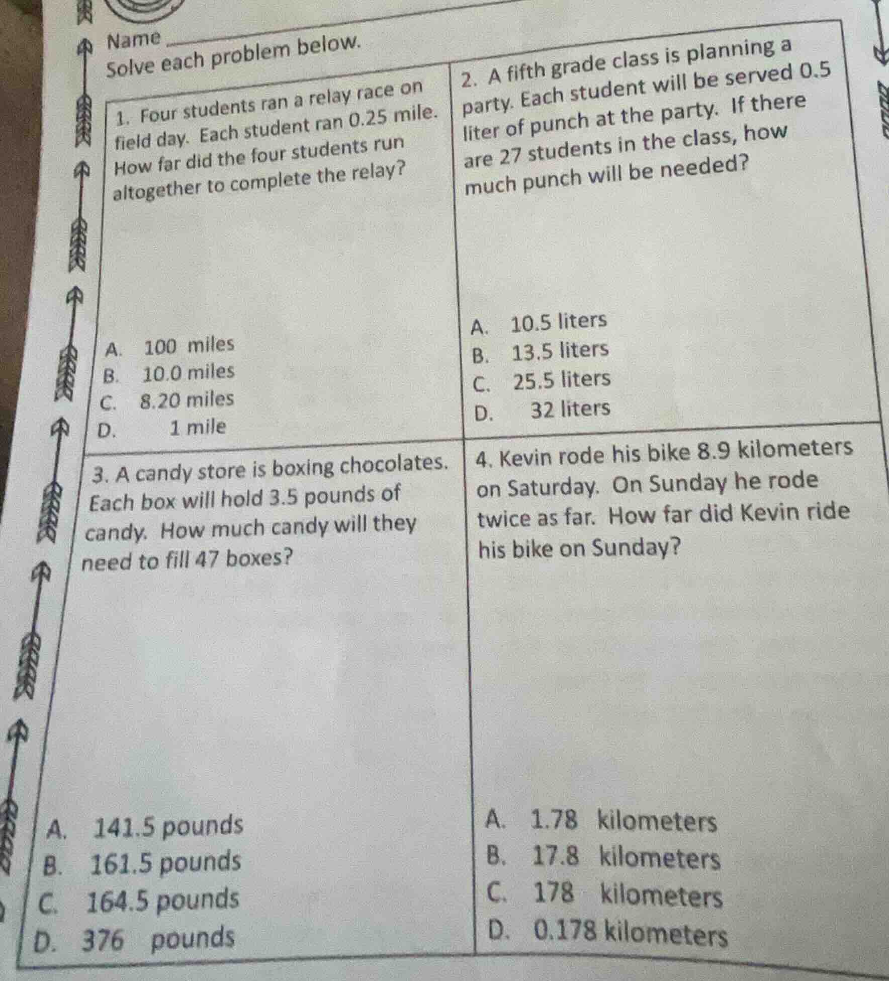 name solve each problem below. 1. four students ran a relay race on fie…
