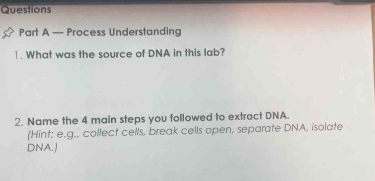 questions part a — process understanding 1. what was the source of dna …