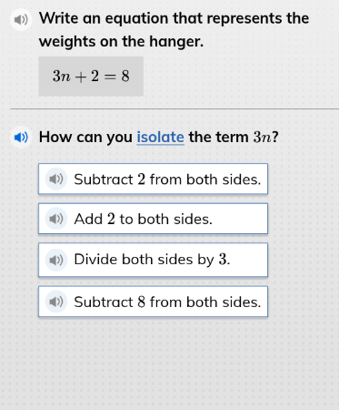 write an equation that represents the weights on the hanger. 3n + 2 = 8…