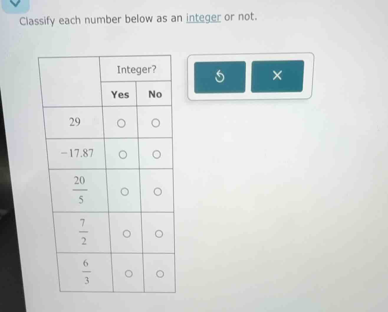 classify each number below as an integer or not. | | integer? | | | | y…