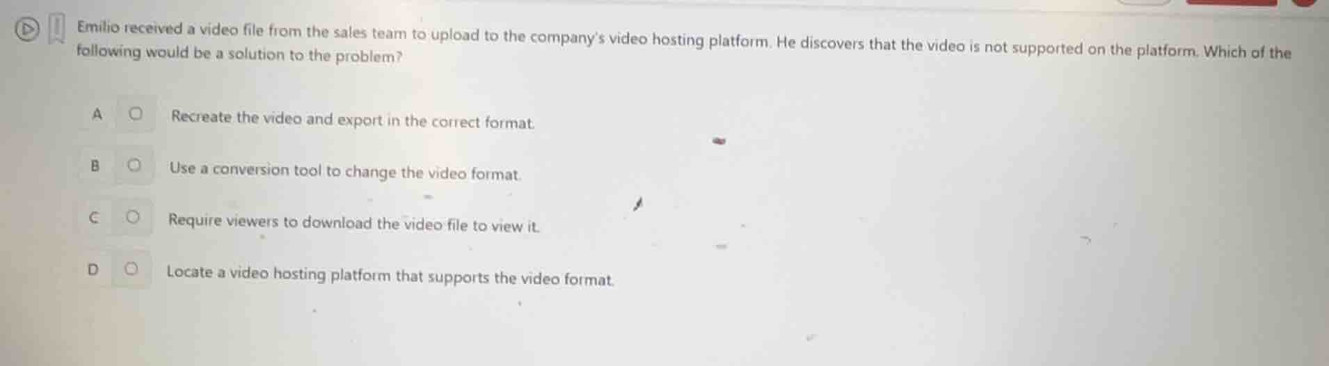 emilio received a video file from the sales team to upload to the compa…