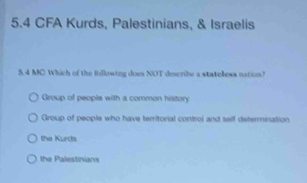 5.4 cfa kurds, palestinians, & israelis 5.4 mc which of the following d…
