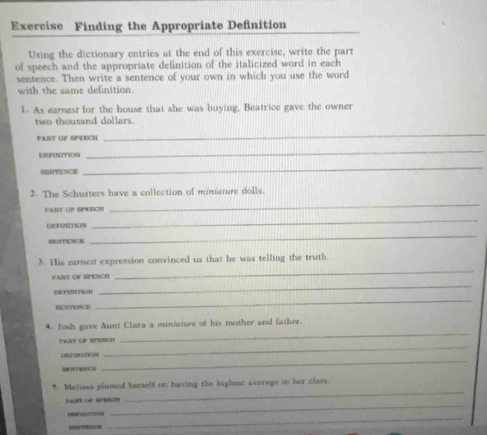 exercise finding the appropriate definition using the dictionary entrie…