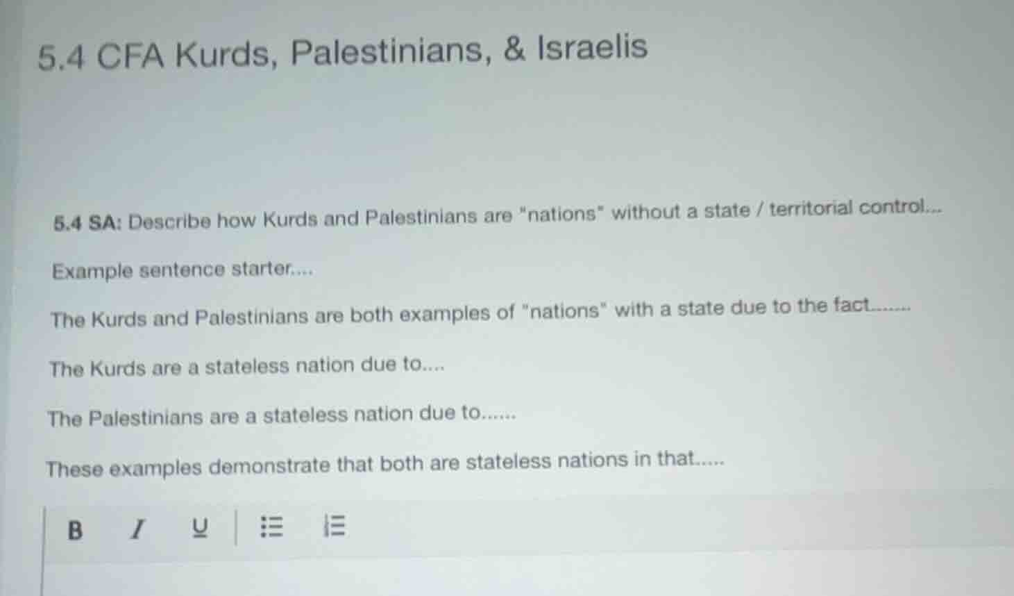 5.4 cfa kurds, palestinians, & israelis 5.4 sa: describe how kurds and …