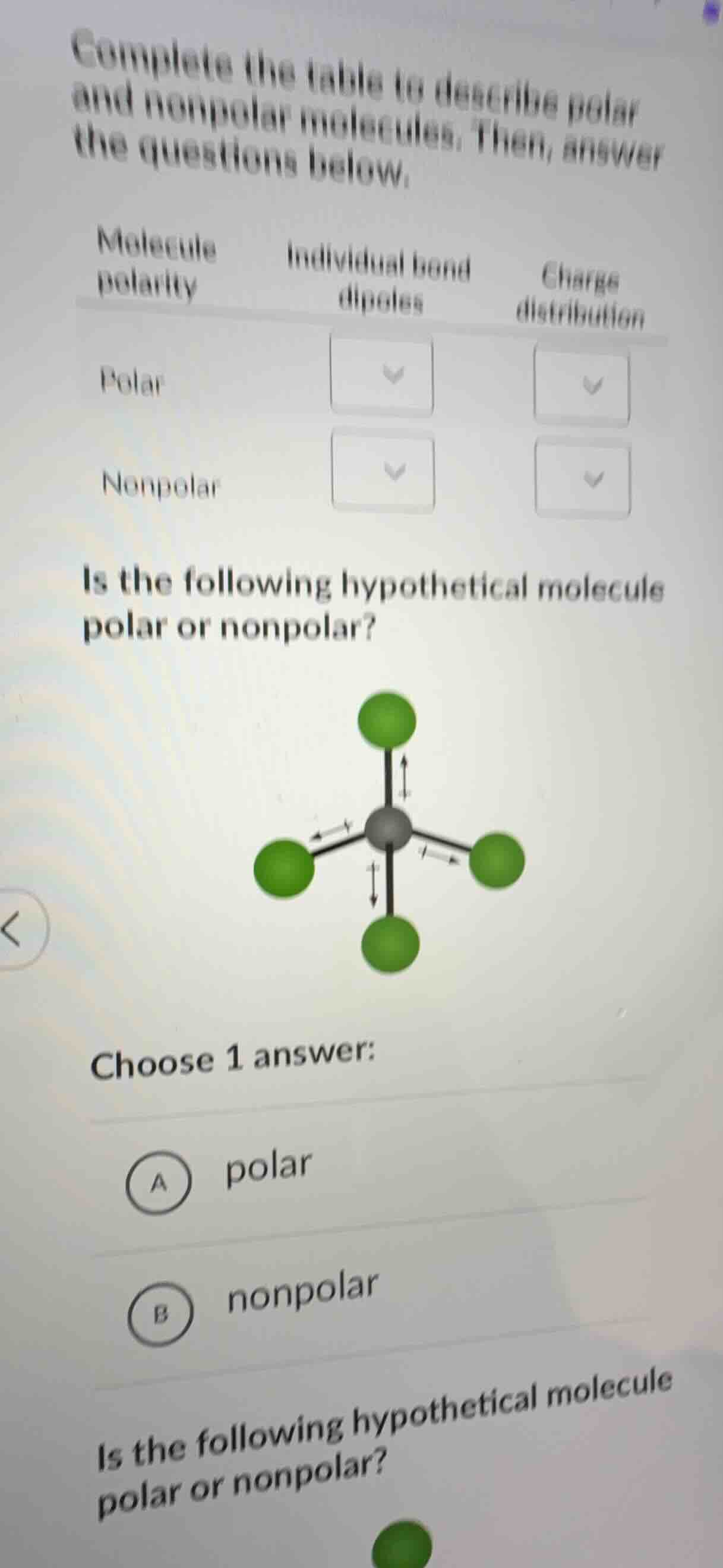 complete the table to describe polar and nonpolar molecules. then, answ…