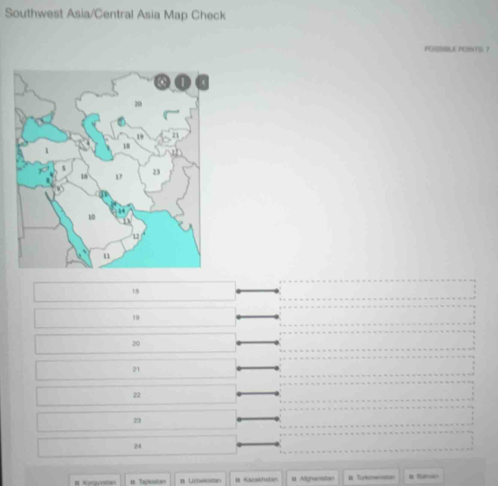southwest asia/central asia map check possible points: 7 (the map and r…