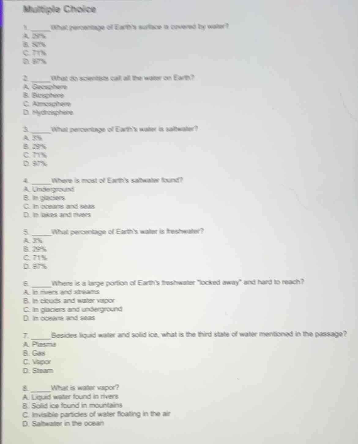 multiple choice 1. ______ what percentage of earths surface is covered …