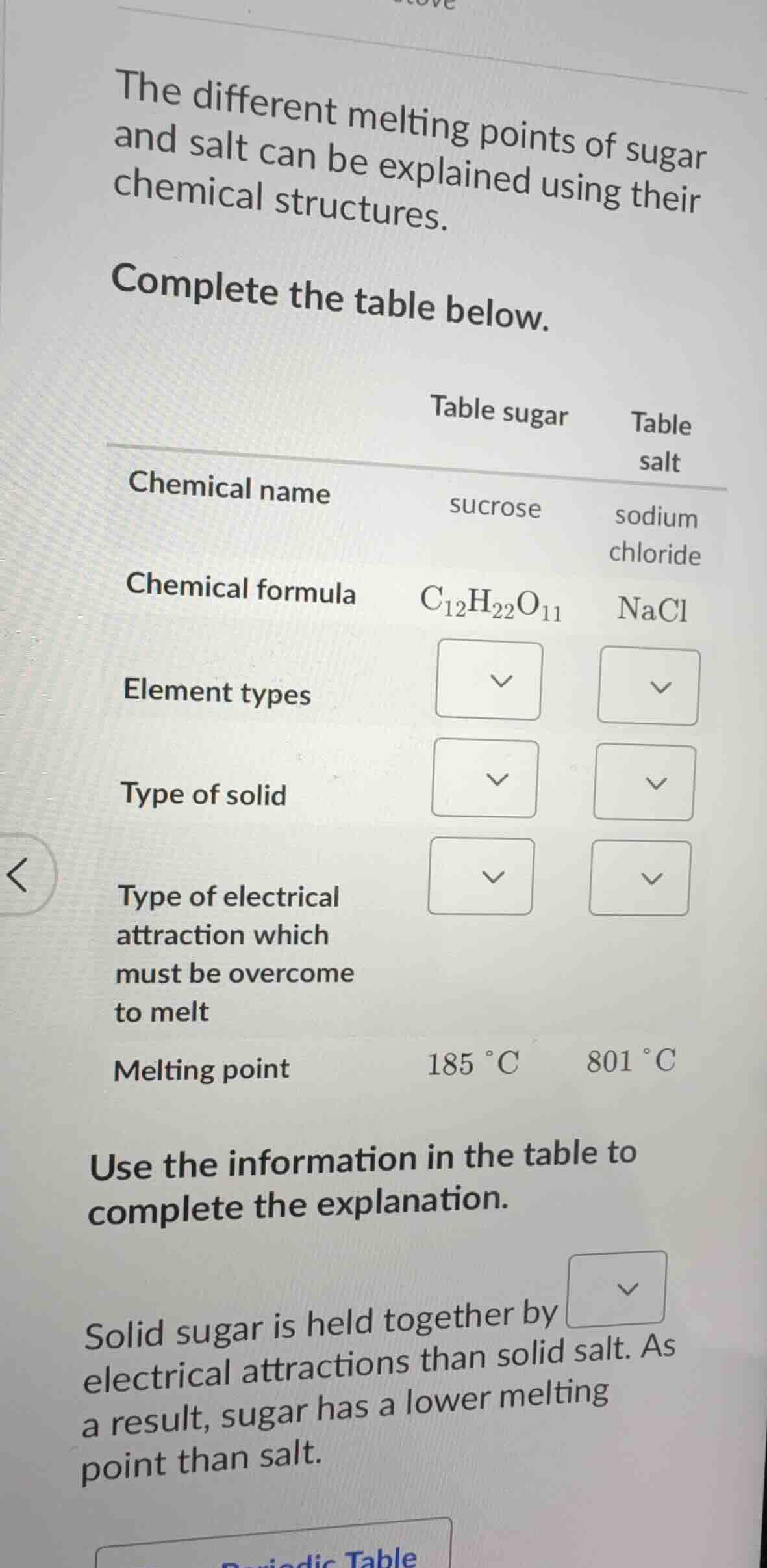 the different melting points of sugar and salt can be explained using t…