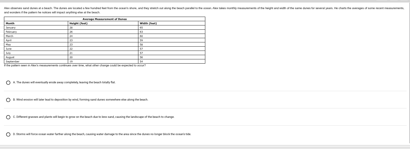 alex observes sand dunes at a beach. the dunes are located a few hundre…