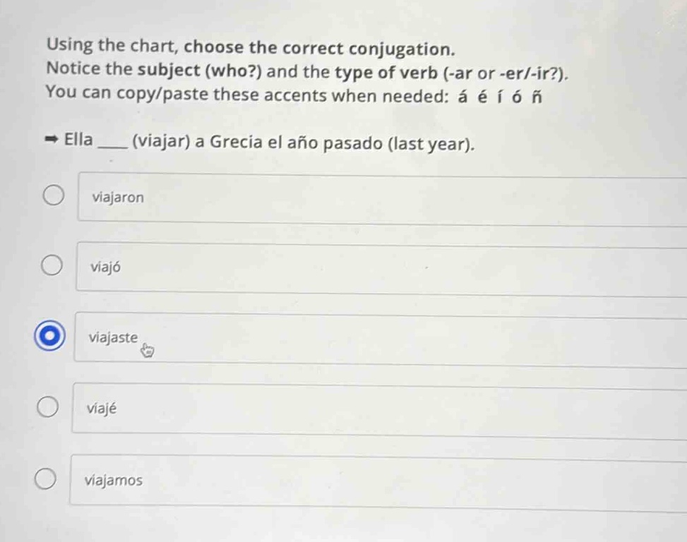 using the chart, choose the correct conjugation. notice the subject (wh…