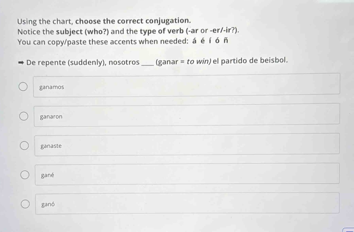 using the chart, choose the correct conjugation. notice the subject (wh…