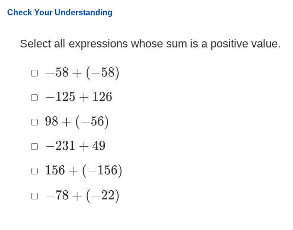 check your understanding select all expressions whose sum is a positive…