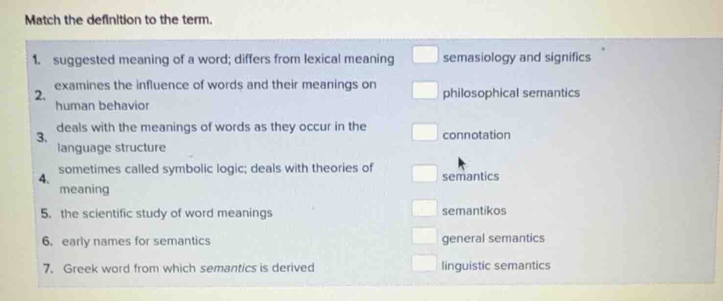 match the definition to the term. 1. suggested meaning of a word; diffe…