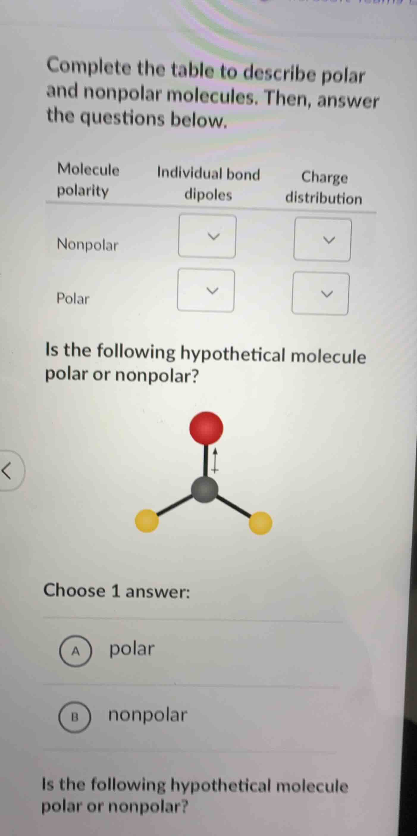 complete the table to describe polar and nonpolar molecules. then, answ…