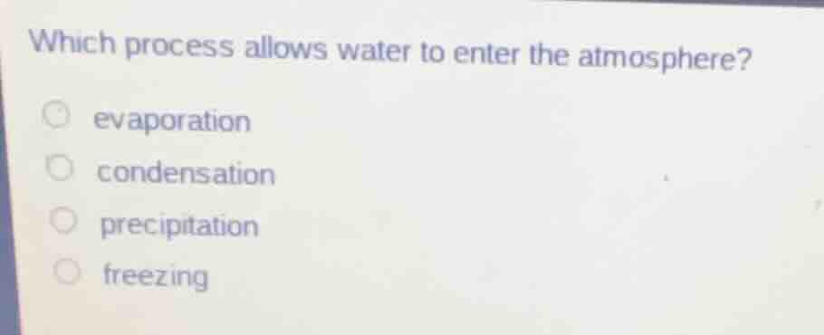which process allows water to enter the atmosphere? evaporation condens…