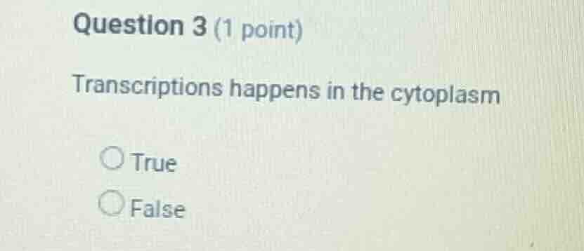 question 3 (1 point) transcriptions happens in the cytoplasm true false