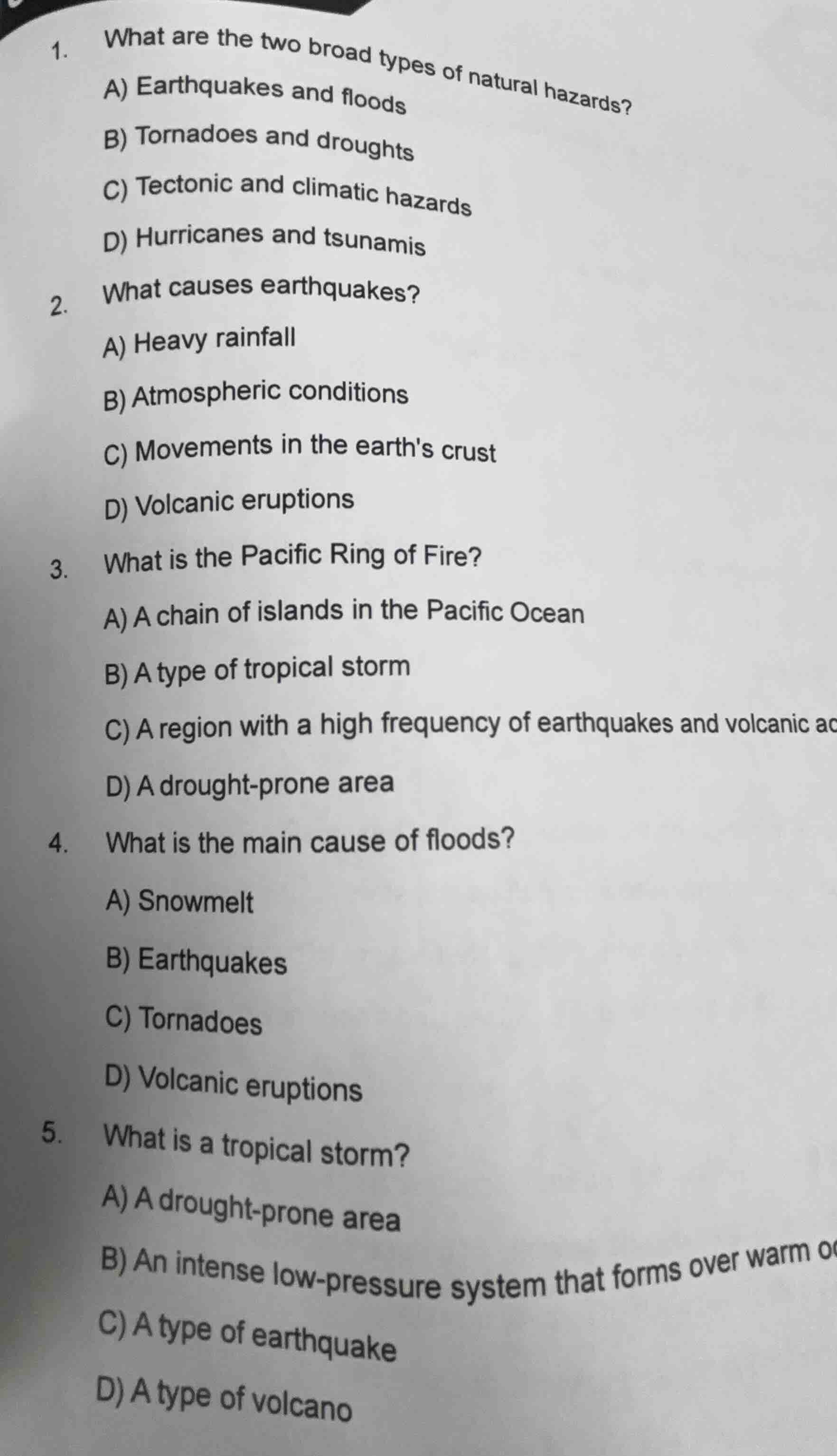 1. what are the two broad types of natural hazards? a) earthquakes and …