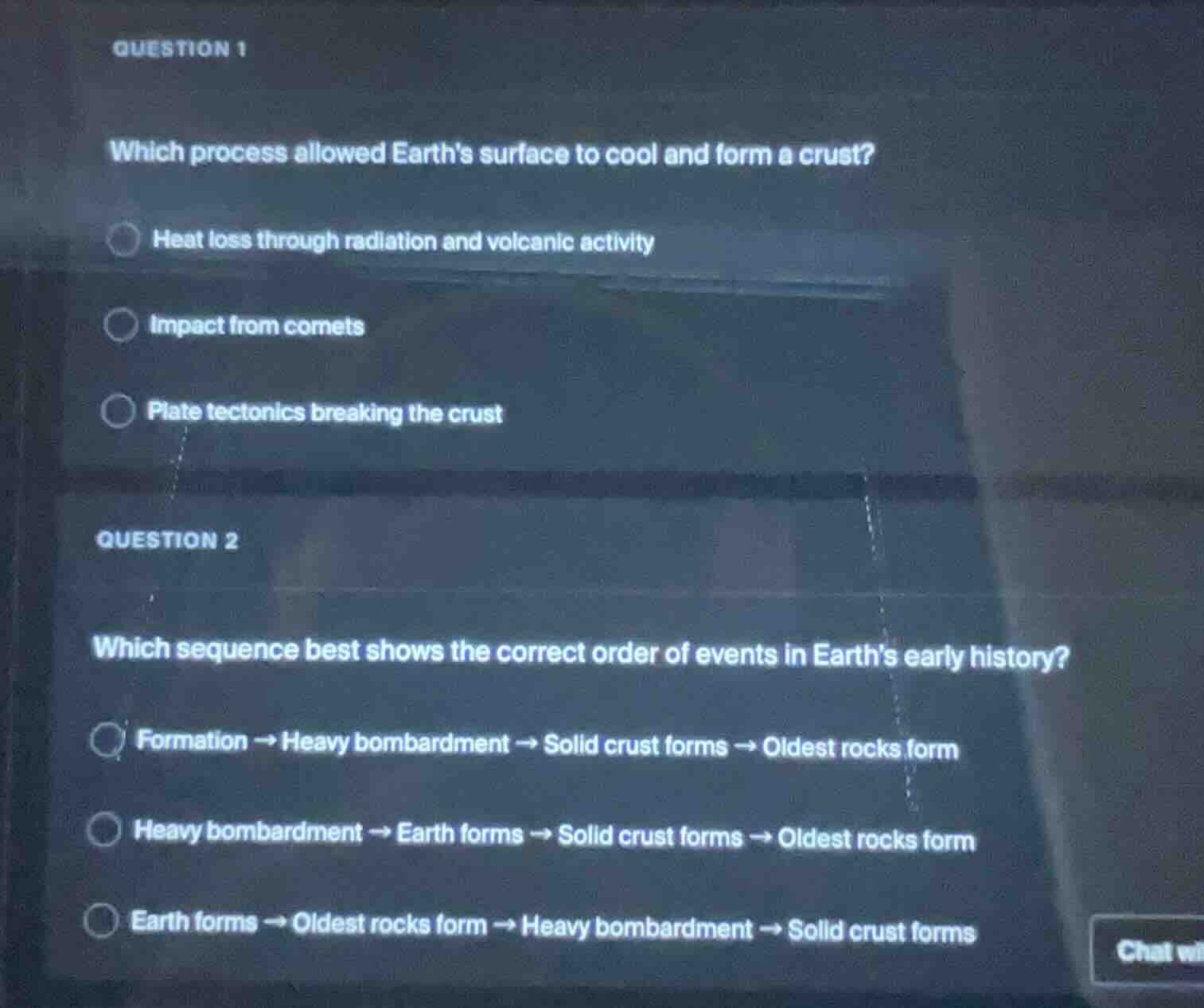 question 1 which process allowed earths surface to cool and form a crus…